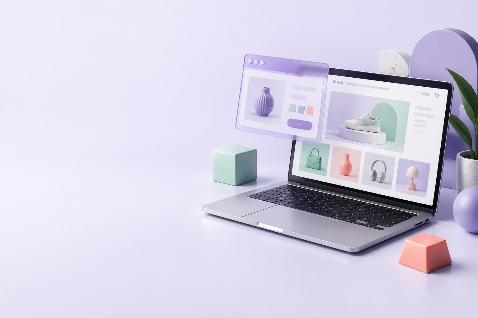 Creative development workspace with a laptop and an e-commerce interface